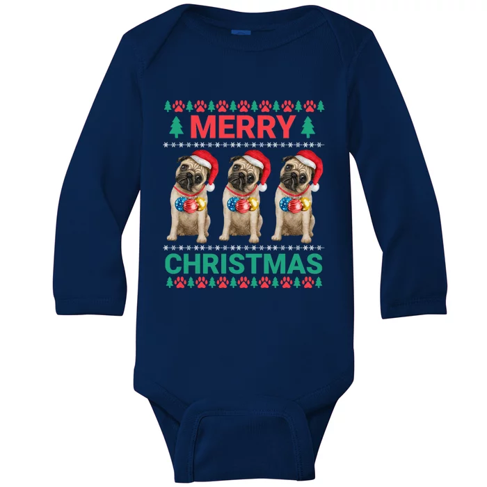 Merry Christmas Pug Puppy Cute Xmas Pug Lover Funny Gift Baby Long Sleeve Bodysuit