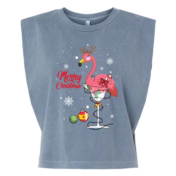 Merry Christmas Pink Flamingo Wine Ing Lights Xmas Tree Funny Gift Garment-Dyed Women's Muscle Tee