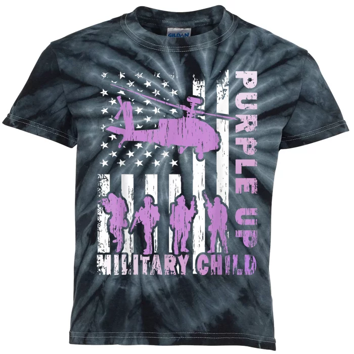 Military Child Purple Up American Flag Helicopter Kids Tie-Dye T-Shirt