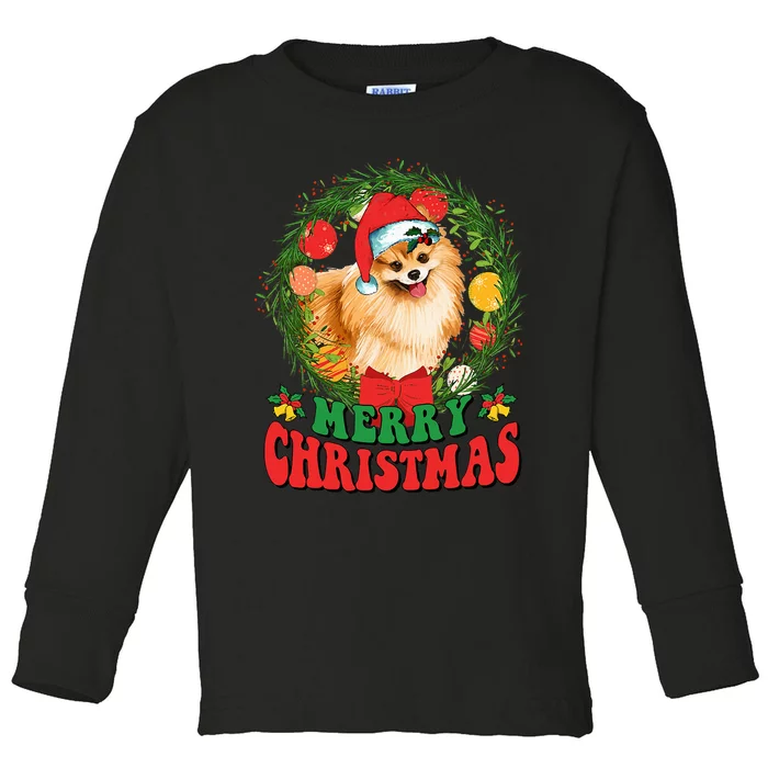 Merry Christmas Pomeranian Santa Dog Lover Xmas Toddler Long Sleeve Shirt