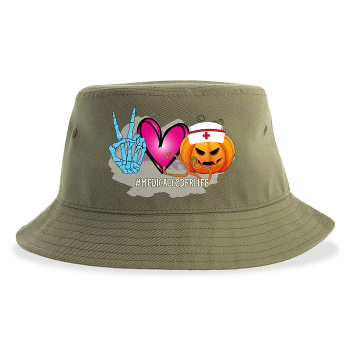 Medical Coder Peace Love Pumpkin Funny Halloween Tees Meaningful Gift Sustainable Bucket Hat