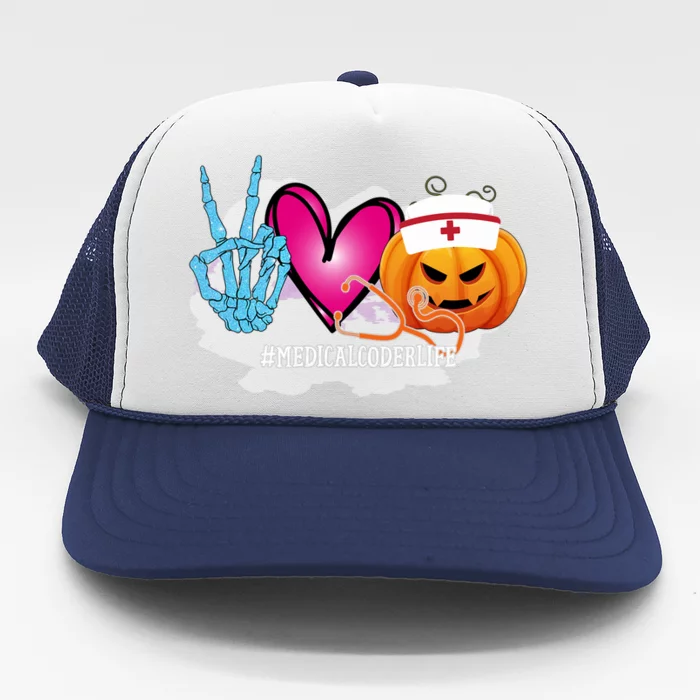 Medical Coder Peace Love Pumpkin Funny Halloween Tees Meaningful Gift Trucker Hat