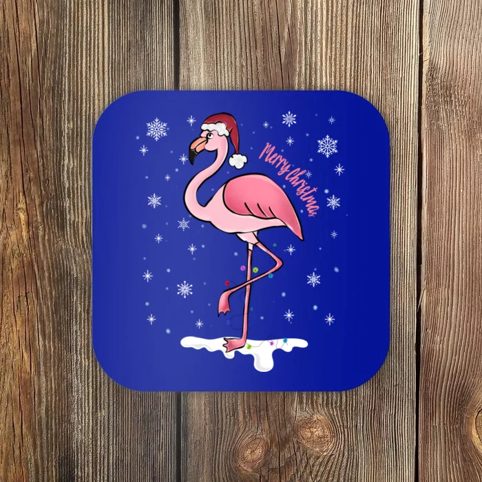 Merry Christmas Pink Christmas Flamingo On Snow Cap Gift Coaster