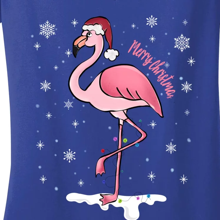 Merry Christmas Pink Christmas Flamingo On Snow Cap Gift Women's V-Neck T-Shirt