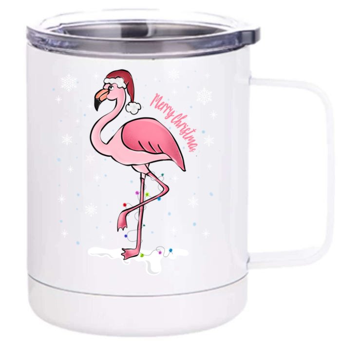 Merry Christmas Pink Christmas Flamingo On Snow Cap Gift Front & Back 12oz Stainless Steel Tumbler Cup