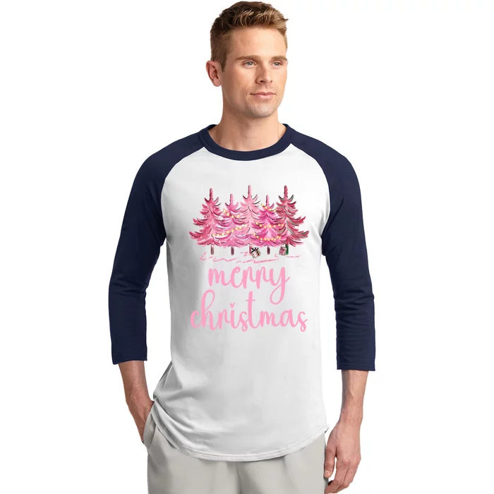 Merry Christmas Pink Christmas Tree Santa Xmas Gift Baseball Sleeve Shirt