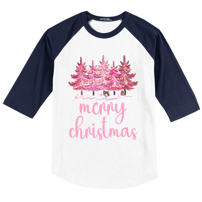 Merry Christmas Pink Christmas Tree Santa Xmas Gift Baseball Sleeve Shirt