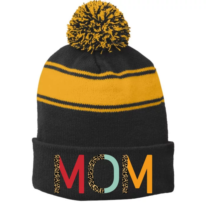 Mom Cheetah Print Cute Gift Stripe Pom Pom Beanie