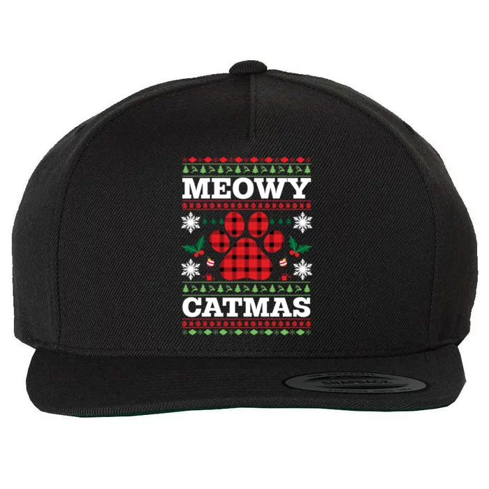 Meowy Catmas Paw Ugly Christmas Plaid Wool Snapback Cap