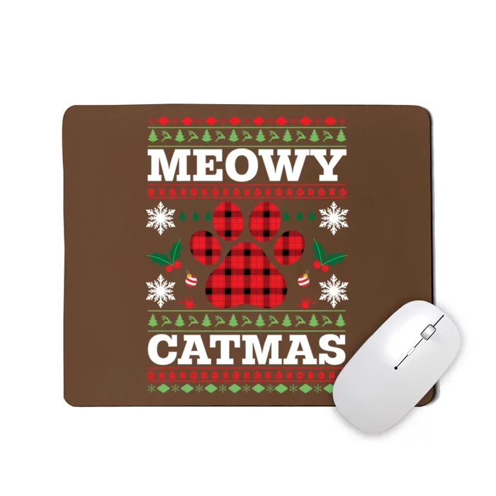 Meowy Catmas Paw Ugly Christmas Plaid Mousepad