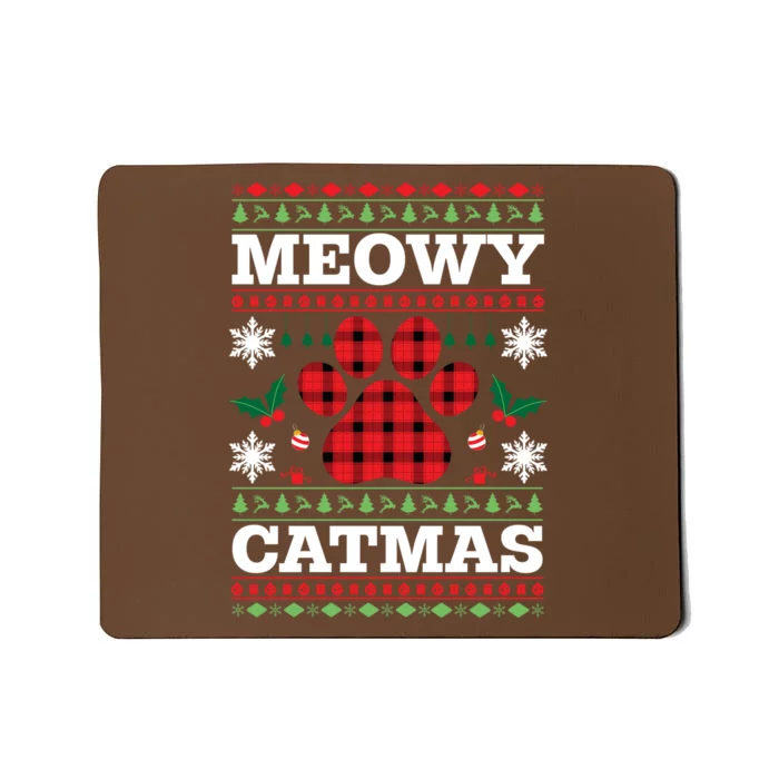 Meowy Catmas Paw Ugly Christmas Plaid Mousepad