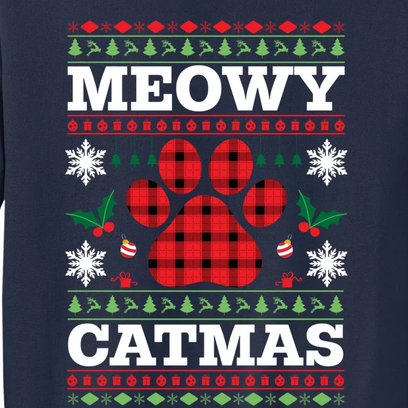 Meowy Catmas Paw Ugly Christmas Plaid Sweatshirt