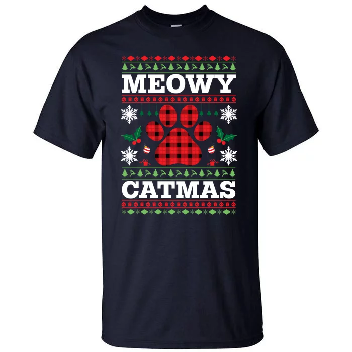 Meowy Catmas Paw Ugly Christmas Plaid Tall T-Shirt