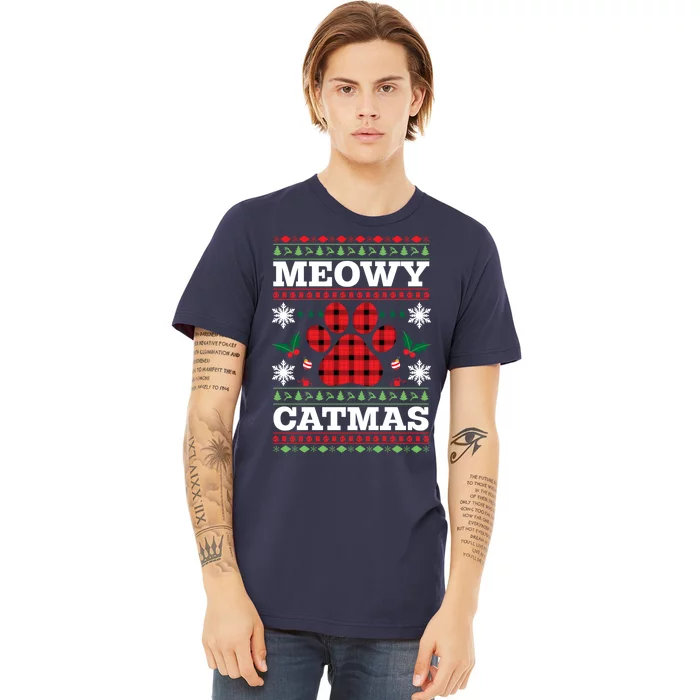 Meowy Catmas Paw Ugly Christmas Plaid Premium T-Shirt