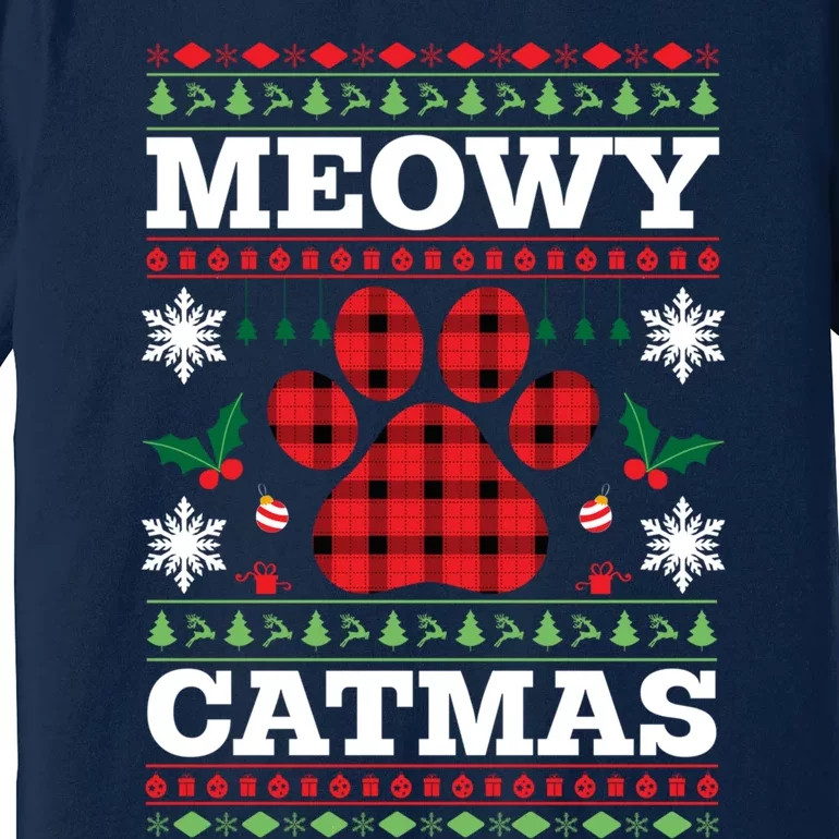 Meowy Catmas Paw Ugly Christmas Plaid Premium T-Shirt