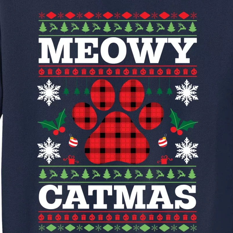 Meowy Catmas Paw Ugly Christmas Plaid Tall Sweatshirt