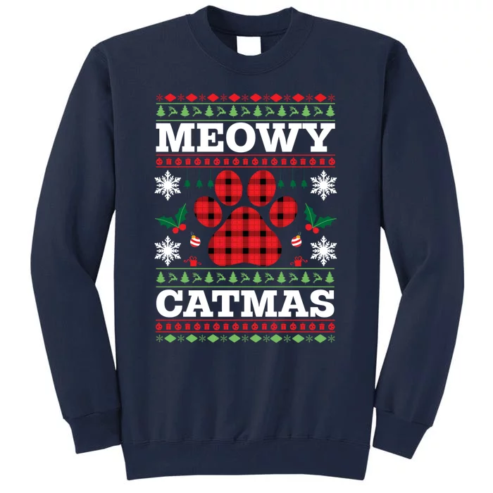 Meowy Catmas Paw Ugly Christmas Plaid Tall Sweatshirt