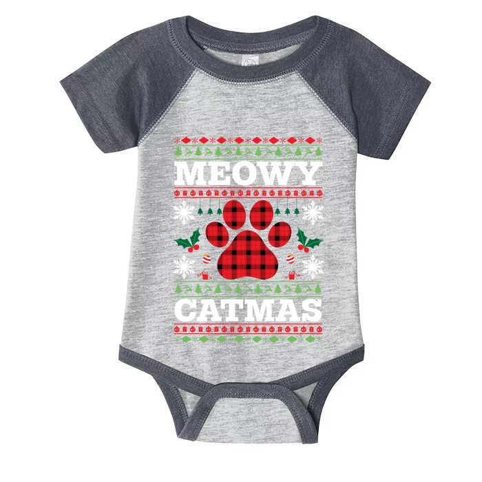 Meowy Catmas Paw Ugly Christmas Plaid Infant Baby Jersey Bodysuit