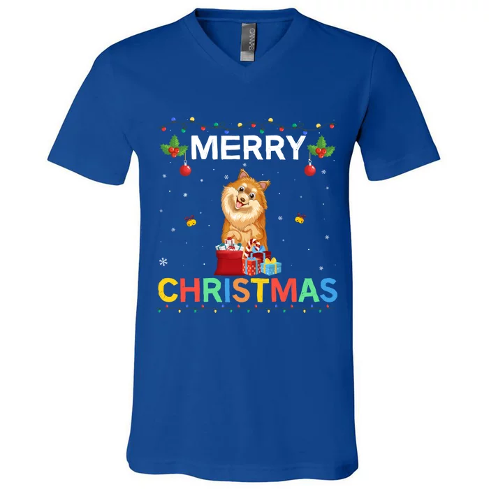 Merry Christmas Pomeranian Dog Lovers Xmas Holiday Party Gift V-Neck T-Shirt