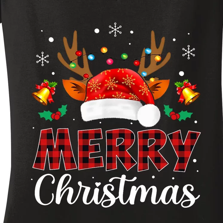 Merry Christmas Red Santa Hat Reindeer Xmas Family Women's V-Neck T-Shirt