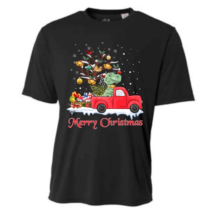 Merry Christmas Red Truck Dinosaur Rex Christmas Tree Snow Gift Cooling Performance Crew T-Shirt