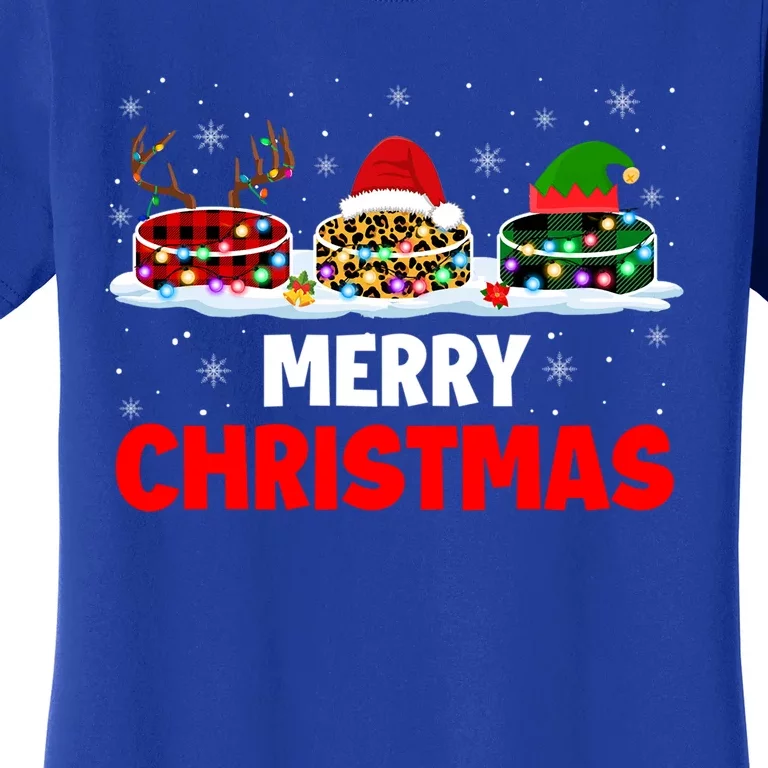 Merry Christmas Reindeer Santa Elf Plaid Leopard Hockey Gift Women's T-Shirt