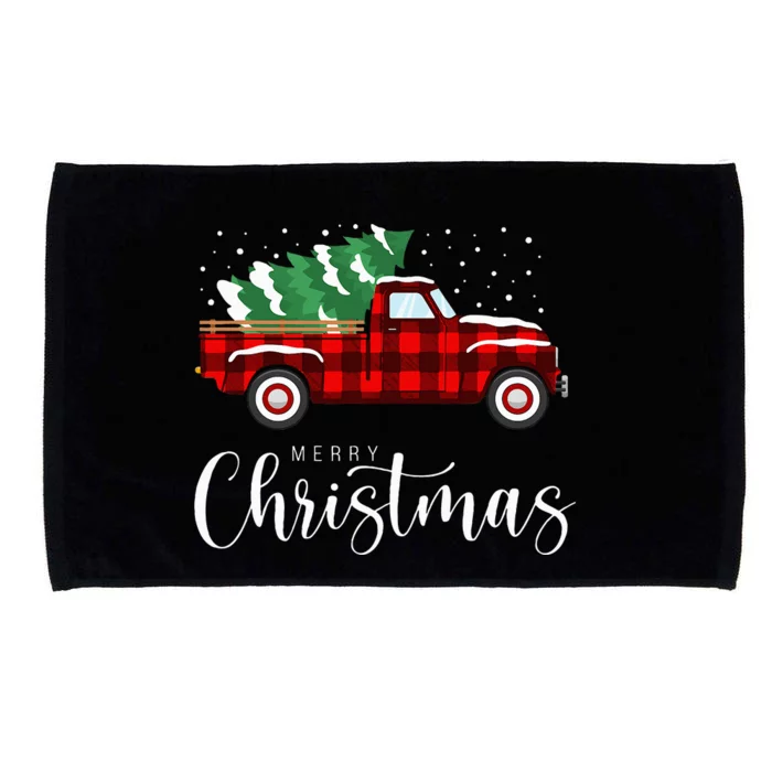 Merry Christmas Red Truck Buffalo Plaid Xmas Retro Vintage Microfiber Hand Towel