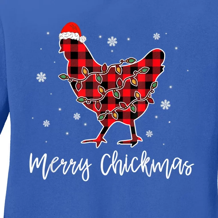 Merry Chickmas Red Plaid Pajama Chicken Santa Hat Chritsmas Cute Gift Ladies Long Sleeve Shirt