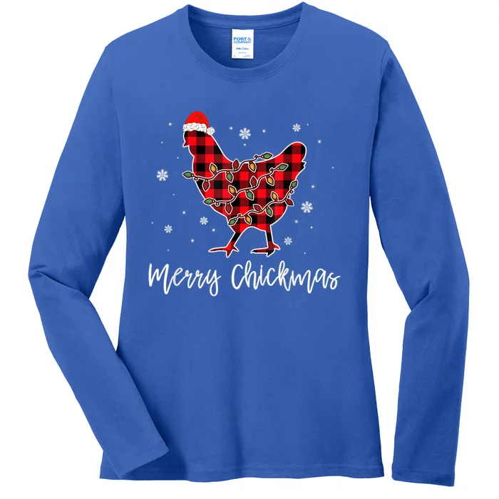 Merry Chickmas Red Plaid Pajama Chicken Santa Hat Chritsmas Cute Gift Ladies Long Sleeve Shirt