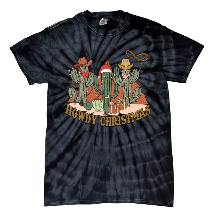 Merry Christmas Retro Xmas Cactus Cowboys Howdy Christmas Tie-Dye T-Shirt