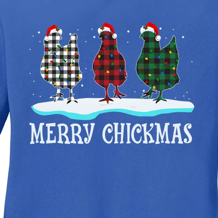 Merry Chickmas Red Plaid Pajama Chicken Santa Hat Chritsmas Gift Ladies Long Sleeve Shirt