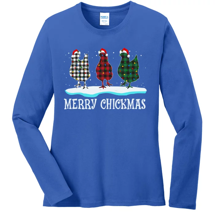 Merry Chickmas Red Plaid Pajama Chicken Santa Hat Chritsmas Gift Ladies Long Sleeve Shirt