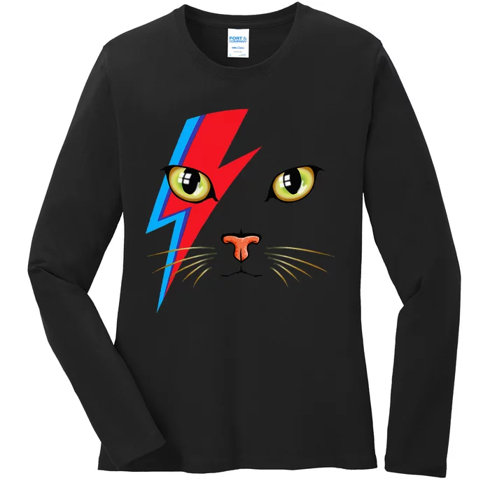 Meowie Cat Retro Kitty Cat Funny Glam Rock Music Ladies Long Sleeve Shirt