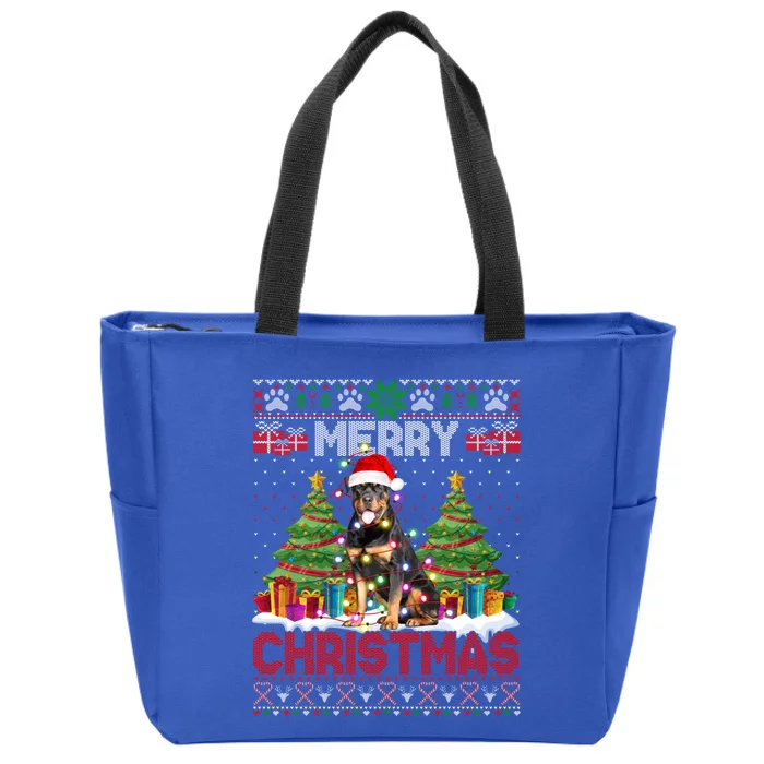 Merry Christmas Rottweiler Santa Family Ugly Xmas Sweater Gift Zip Tote Bag