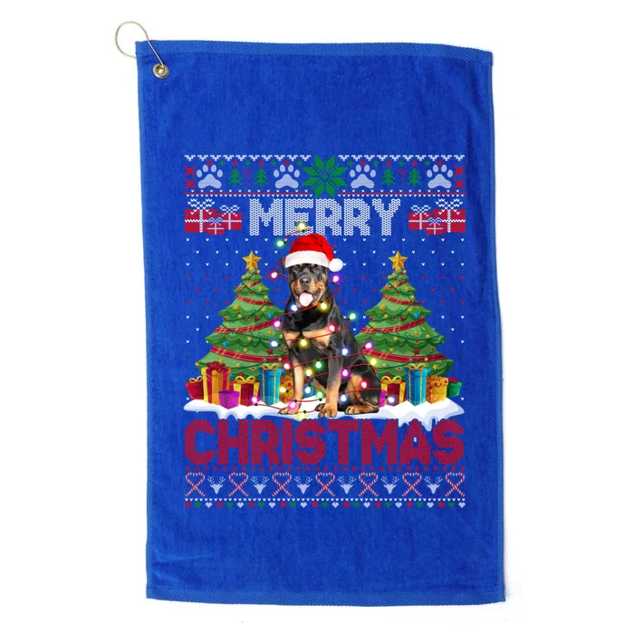 Merry Christmas Rottweiler Santa Family Ugly Xmas Sweater Gift Platinum Collection Golf Towel