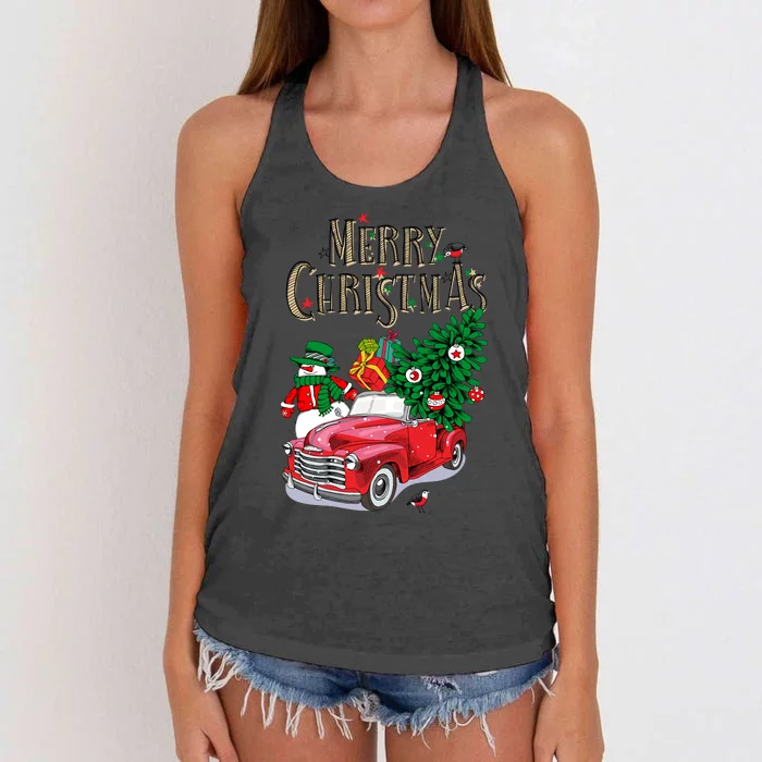 Merry Christmas Red Car Snow Ice Women's Knotted Racerback Tank