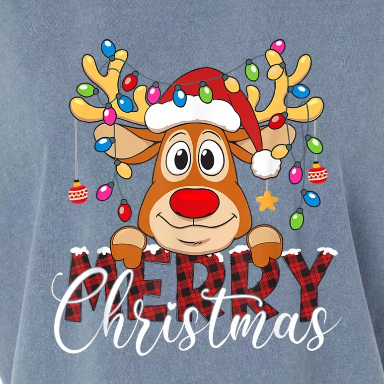 Merry Christmas Reindeer Xmas Family Pajamas Buffalo Plaid Garment-Dyed Women's Muscle Tee