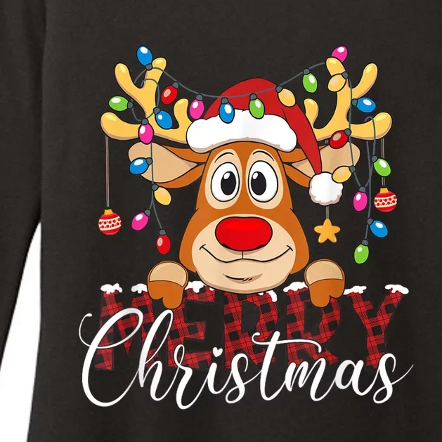 Merry Christmas Reindeer Xmas Family Pajamas Buffalo Plaid Womens CVC Long Sleeve Shirt