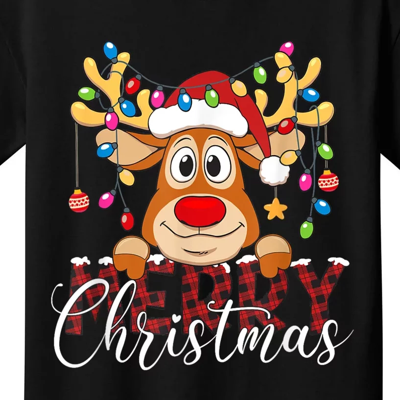 Merry Christmas Reindeer Xmas Family Pajamas Buffalo Plaid Kids T-Shirt