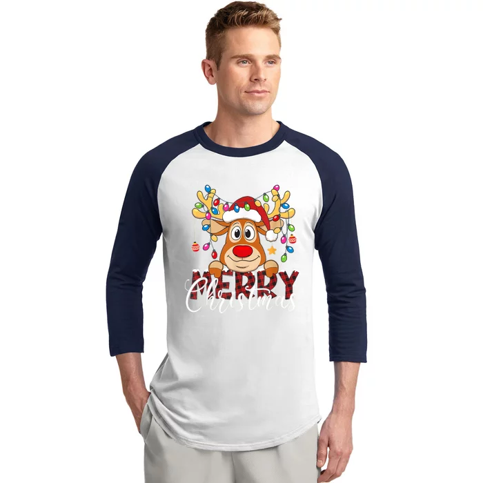 Merry Christmas Reindeer Xmas Family Pajamas Buffalo Plaid Baseball Sleeve Shirt