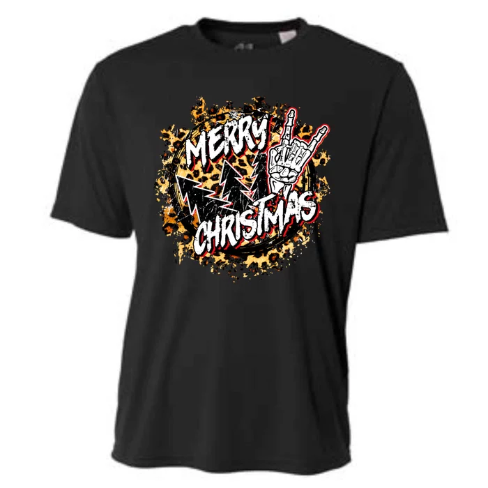 Merry Christmas Rock And Roll Leopard Xmas Tree Rock Lovers Gift Cooling Performance Crew T-Shirt