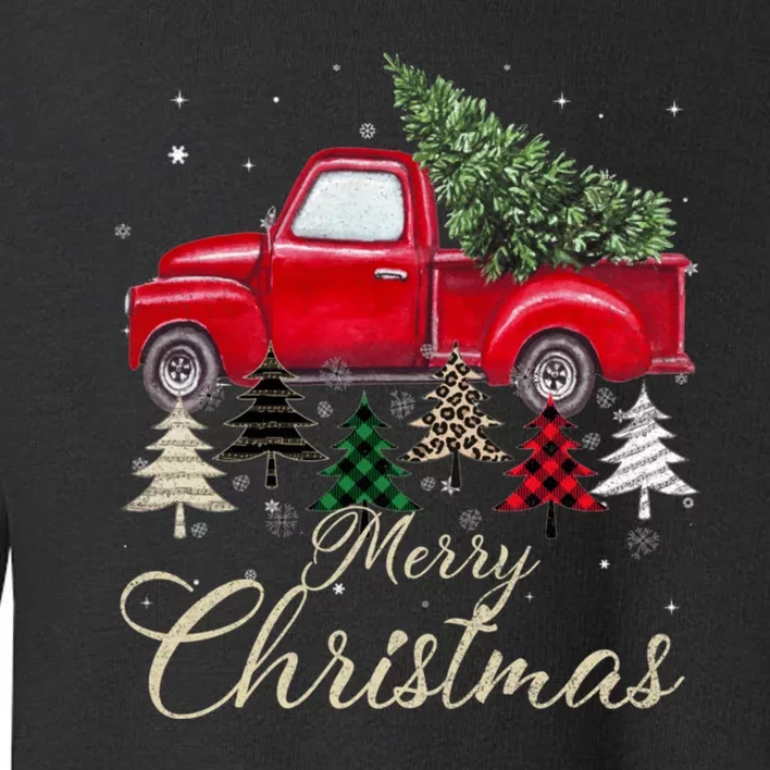 Merry Christmas Retro Xmas Vibes Buffalo Red Truck Pine Tree Toddler Sweatshirt