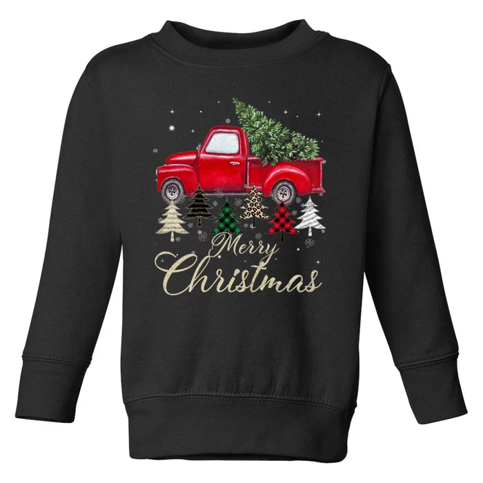 Merry Christmas Retro Xmas Vibes Buffalo Red Truck Pine Tree Toddler Sweatshirt