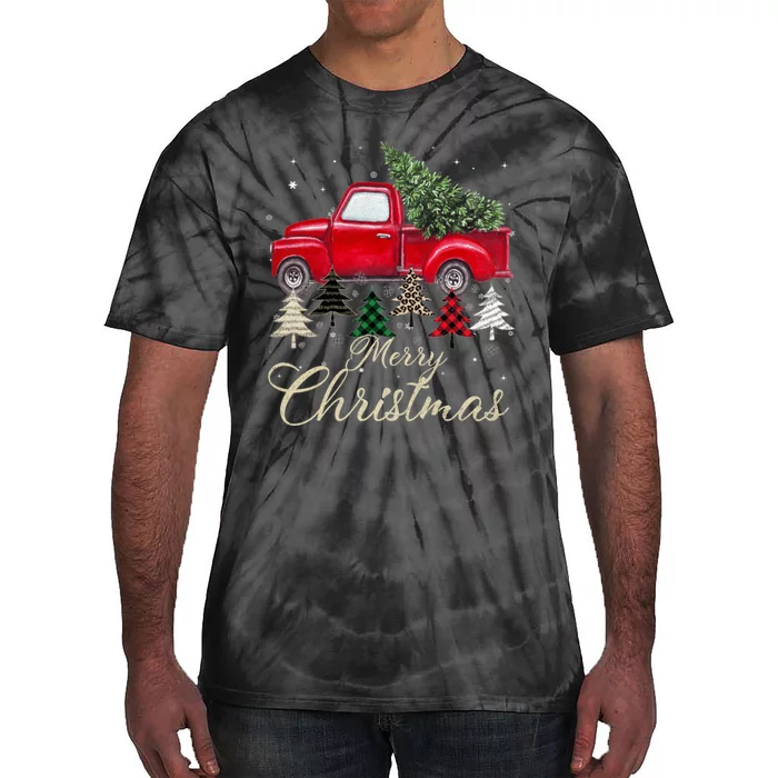 Merry Christmas Retro Xmas Vibes Buffalo Red Truck Pine Tree Tie-Dye T-Shirt