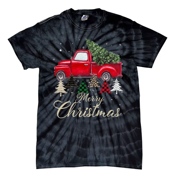 Merry Christmas Retro Xmas Vibes Buffalo Red Truck Pine Tree Tie-Dye T-Shirt