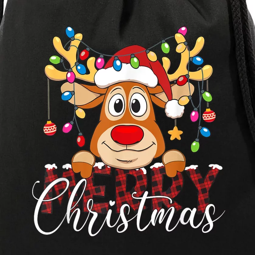 Merry Christmas Reindeer Xmas Family Pajamas Buffalo Plaid Drawstring Bag