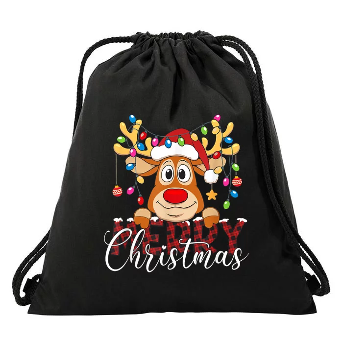 Merry Christmas Reindeer Xmas Family Pajamas Buffalo Plaid Drawstring Bag