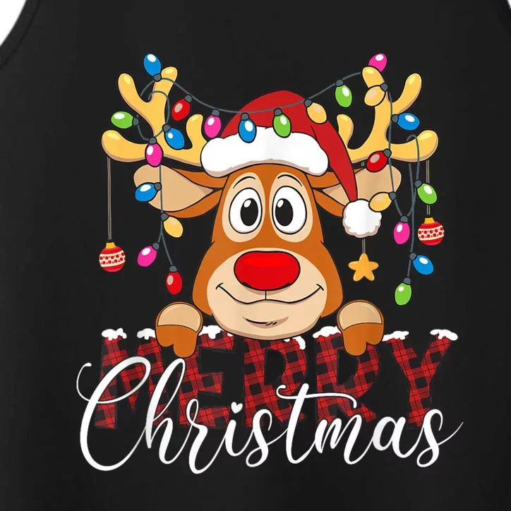 Merry Christmas Reindeer Xmas Family Pajamas Buffalo Plaid Performance Tank