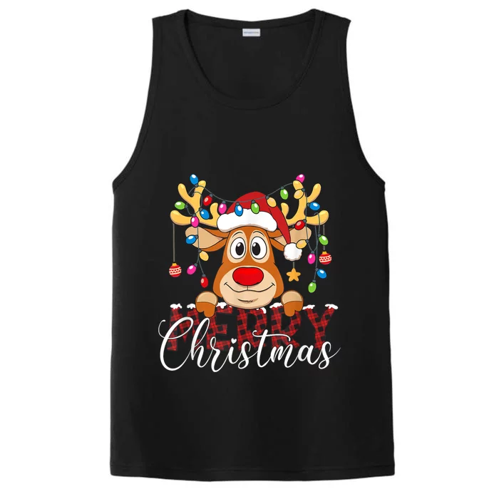 Merry Christmas Reindeer Xmas Family Pajamas Buffalo Plaid Performance Tank