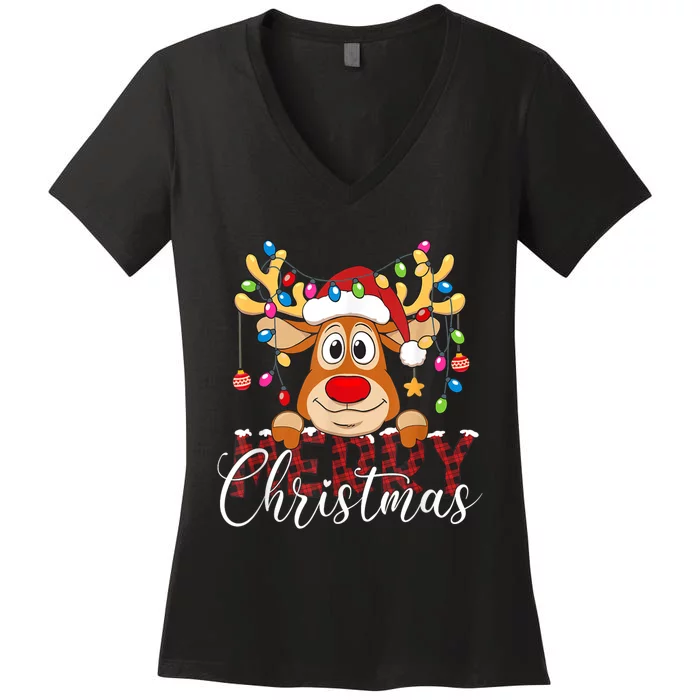 Merry Christmas Reindeer Xmas Family Pajamas Buffalo Plaid Women's V-Neck T-Shirt